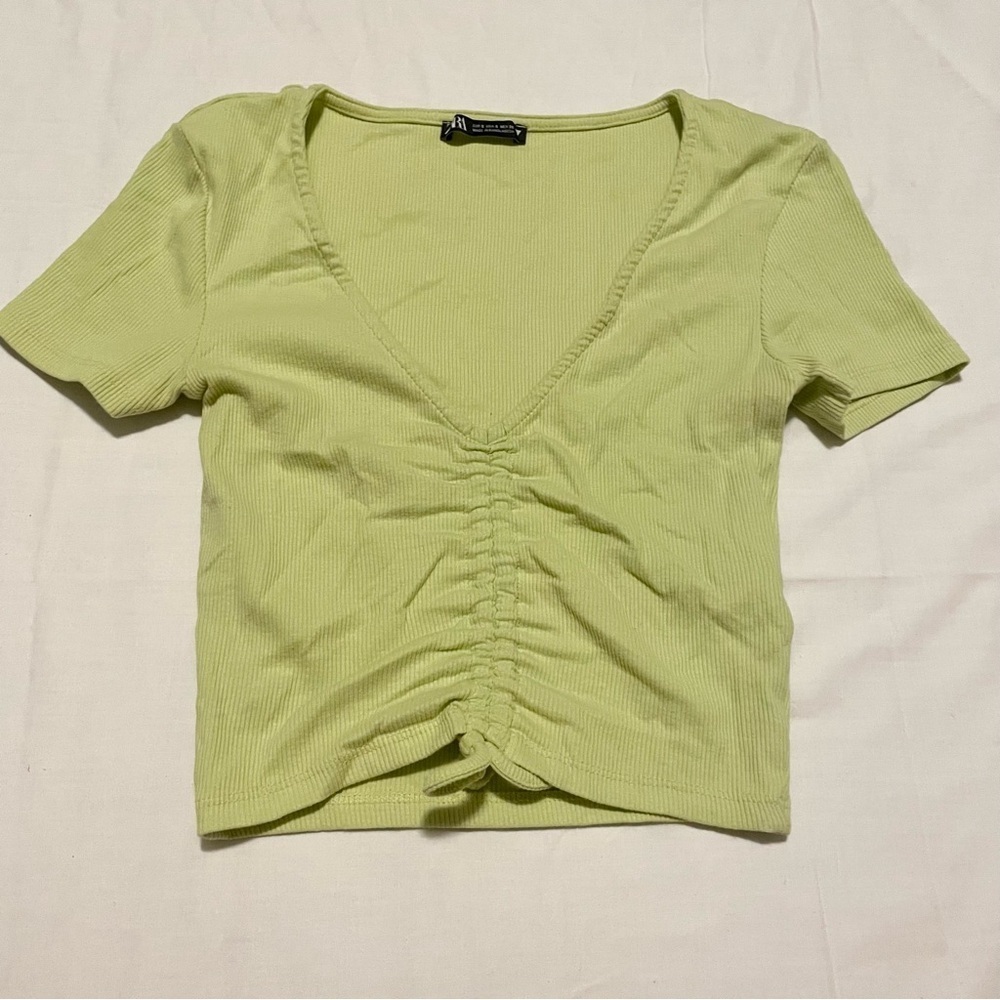 Zara Drawstring Scrunched V-Neck Cropped Ribbed T-Shirt Small - Picture 16 of 16